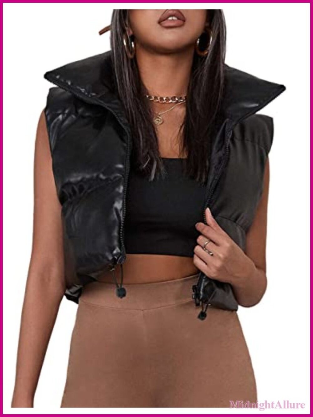Womens PU Leather Cropped Puffer Vest Sleeveless Zip Up Winter Jacket